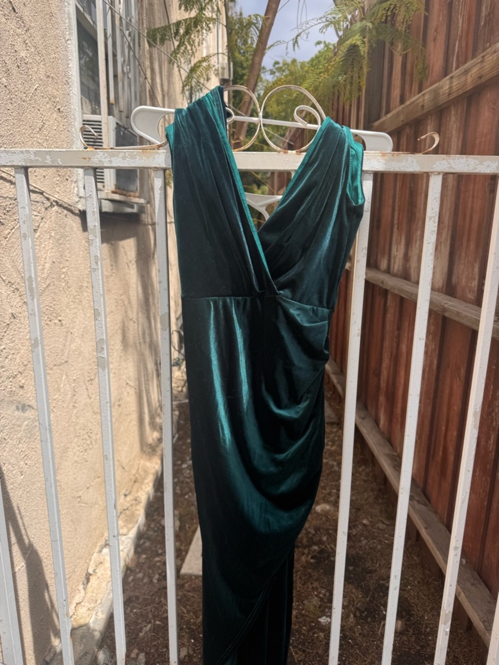 Sleeveless Emerald Green Velvet Maxi Dress with Draped Wrap Bodice